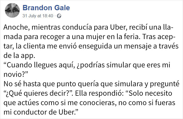 Este conductor de Uber recibió una mensaje pidiéndole que simulara ser el novio de la pasajera, para salvarla de un acosador