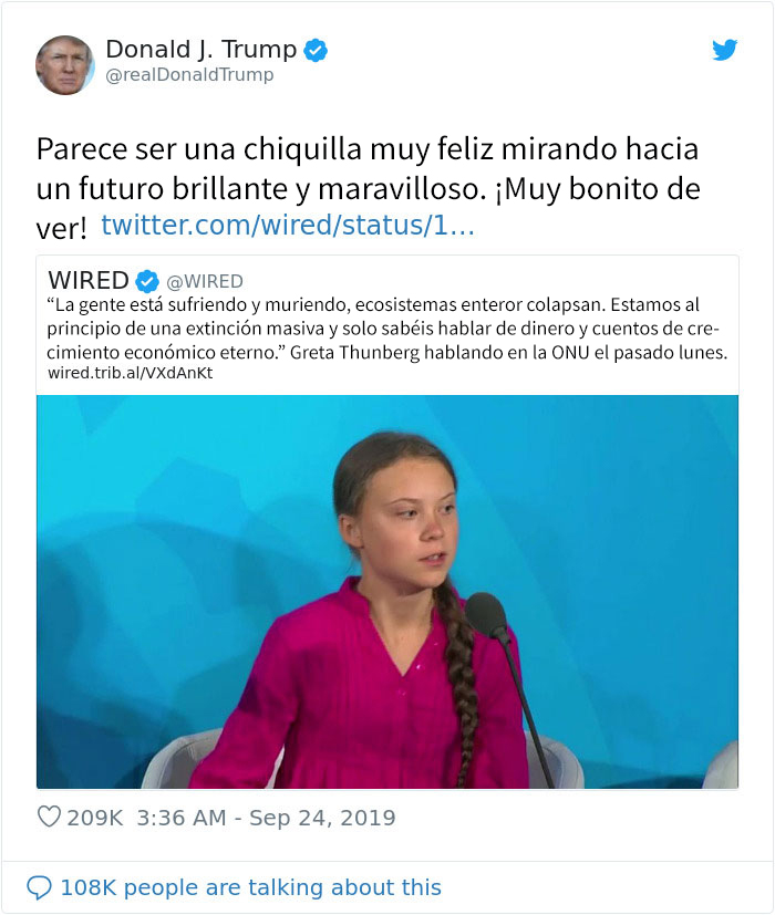 Trump se burla del discurso de Greta Thunberg y ella le menosprecia en su bio de Twitter