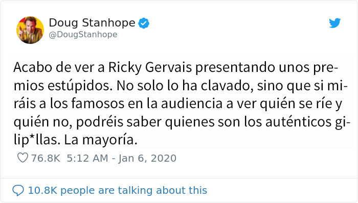 A Hollywood no le gustó nada que Ricky Gervais se burlara en su monólogo de los Globos de Oro