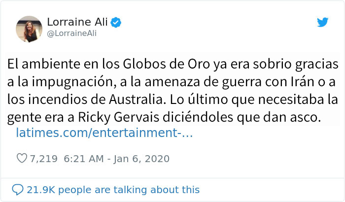 A Hollywood no le gustó nada que Ricky Gervais se burlara en su monólogo de los Globos de Oro
