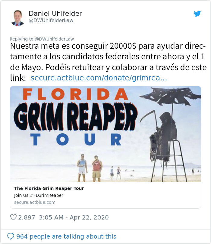 Este hombre viaja disfrazado de la Muerte por las playas de Florida que han sido abiertas de forma prematura