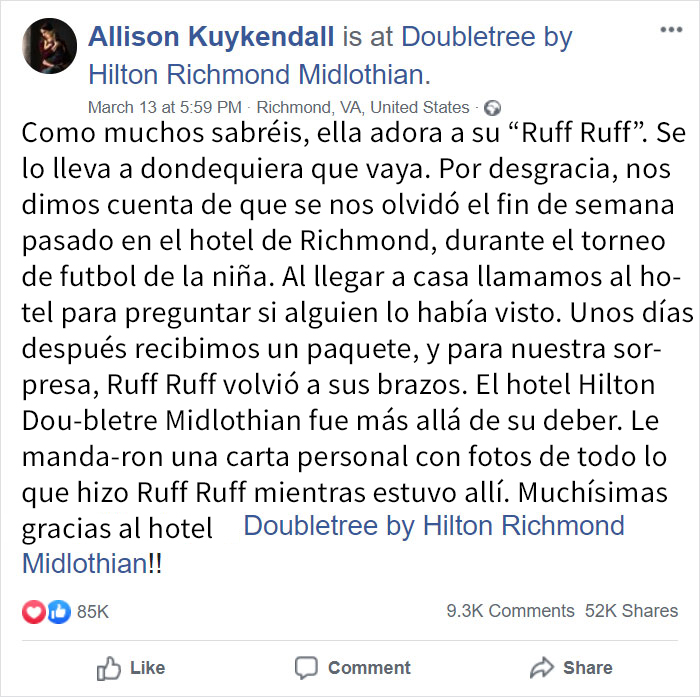 Esta niña de 2 años olvidó su querido peluche en un hotel, y el personal documentó sus aventuras antes de devolvérselo