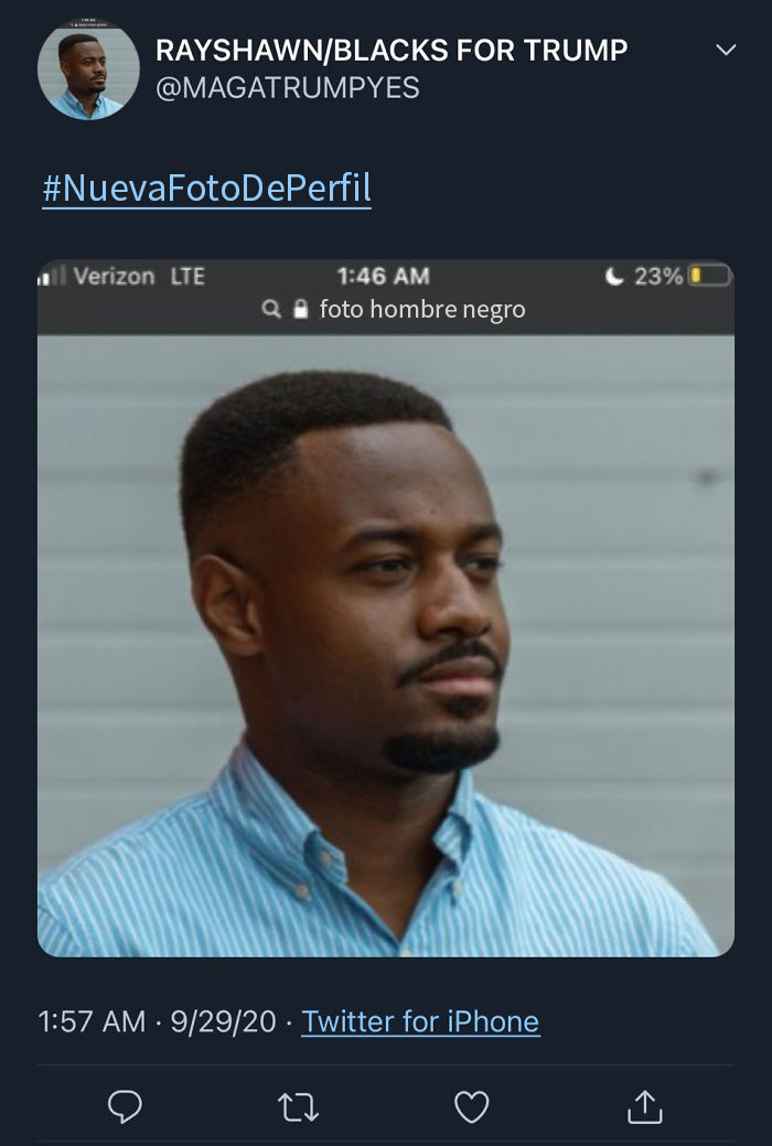 Este falso votante negro de Trump en Twitter olvidó recortar la etiqueta de búsqueda de su foto de perfil, y la gente se ríe de él