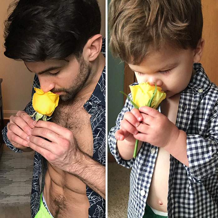 Esta madre sigue burlándose de su hermano modelo haciendo que su bebé recree sus poses con un resultado tan divertido como adorable