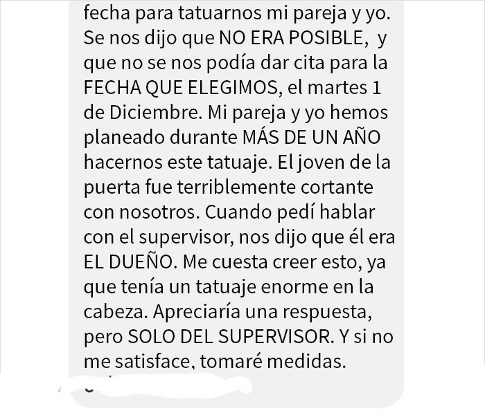 Este cliente se quejó porque en un estudio no le daban cita para un tatuaje, y el dueño cuenta lo que pasó realmente