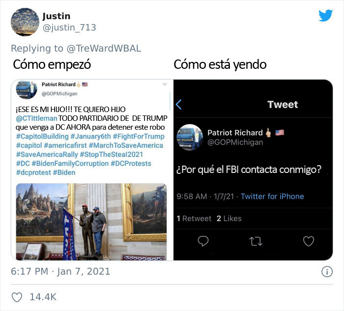 "Cómo empezó Vs. cómo está yendo": La gente está publicando qué pasó con los alborotadores del Capitolio en EEUU desde la revuelta