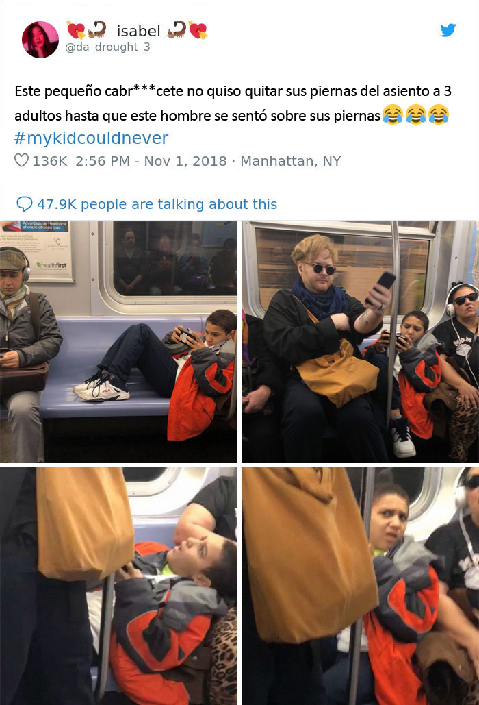 Un niño se niega a quitar las piernas del asiento hasta que el hombre se sienta sobre ellas