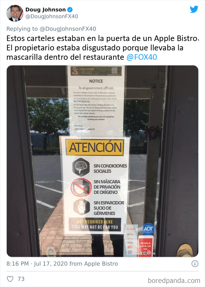 Un restaurante prohíbe las máscaras, los guantes y el distanciamiento social por la 