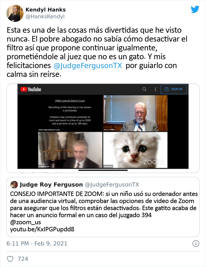 "Creo que tiene un filtro activado": Un abogado se presenta accidentalmente con un filtro de gato en una audiencia judicial vía Zoom