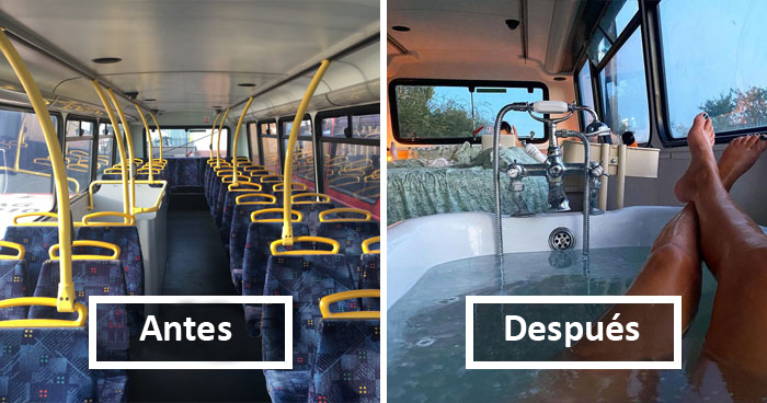 Esta pareja compró un autobús londinense de 2 pisos y lo convirtieron en un hogar de ensueño con chimenea, bañera, y sin hipoteca