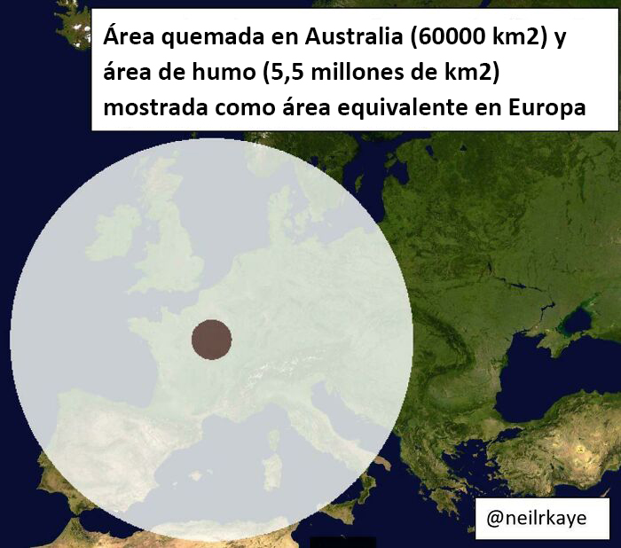 Área de terreno quemado en Australia y área de cobertura de humo mostrada como área equivalente sobre Europa