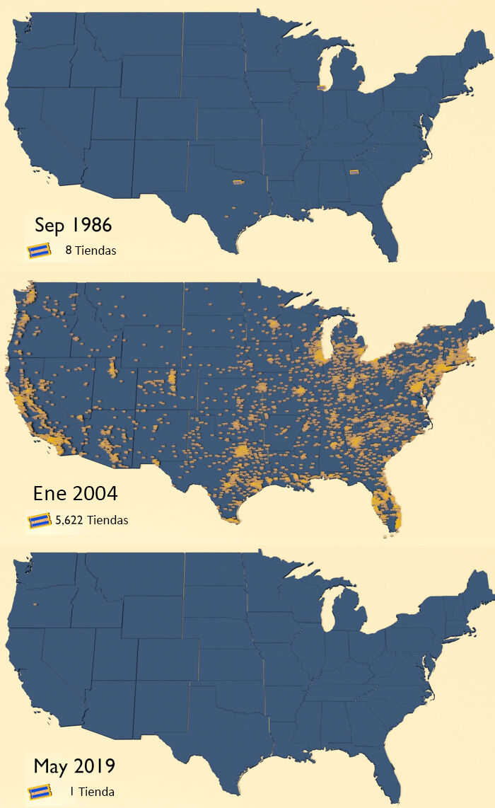 Localizaciones de tiendas Blockbuster en EEUU entre 1986 y 2019