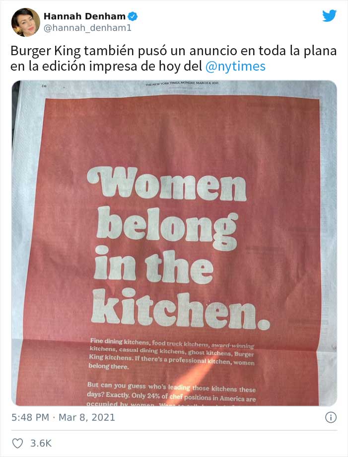 Burger King UK tuitea que "las mujeres deben estar en la cocina" en el Día Internacional de la Mujer