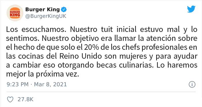 Burger King UK tuitea que "las mujeres deben estar en la cocina" en el Día Internacional de la Mujer