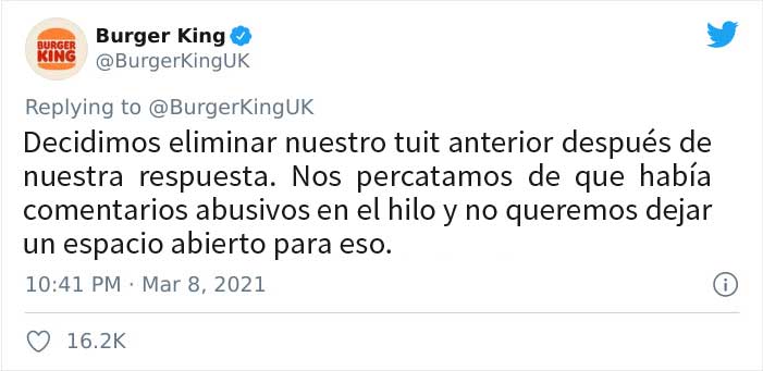 Burger King UK tuitea que "las mujeres deben estar en la cocina" en el Día Internacional de la Mujer