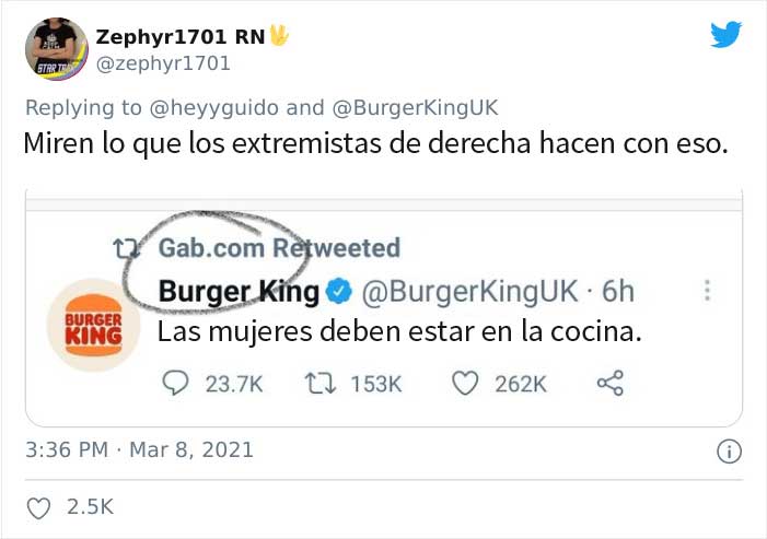 Burger King UK tuitea que "las mujeres deben estar en la cocina" en el Día Internacional de la Mujer