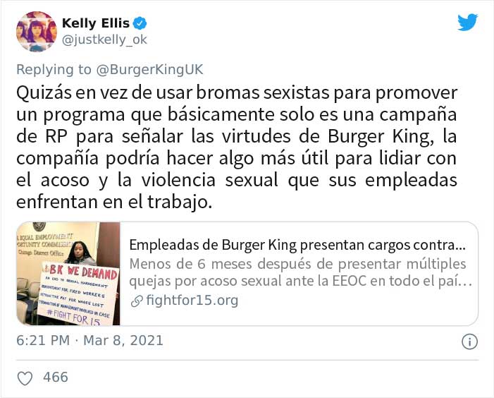 Burger King UK tuitea que "las mujeres deben estar en la cocina" en el Día Internacional de la Mujer