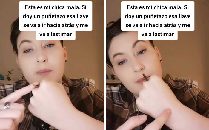 Esta mujer muestra la forma correcta de sostener las llaves para defenderse
