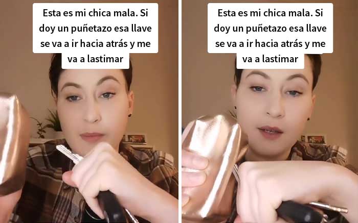 Esta mujer muestra la forma correcta de sostener las llaves para defenderse