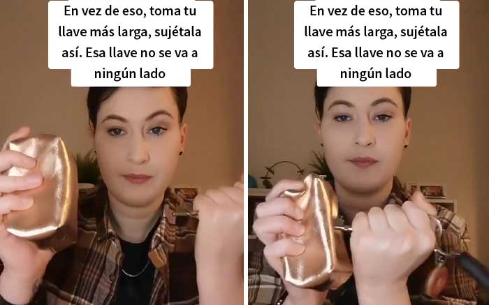 Esta mujer muestra la forma correcta de sostener las llaves para defenderse