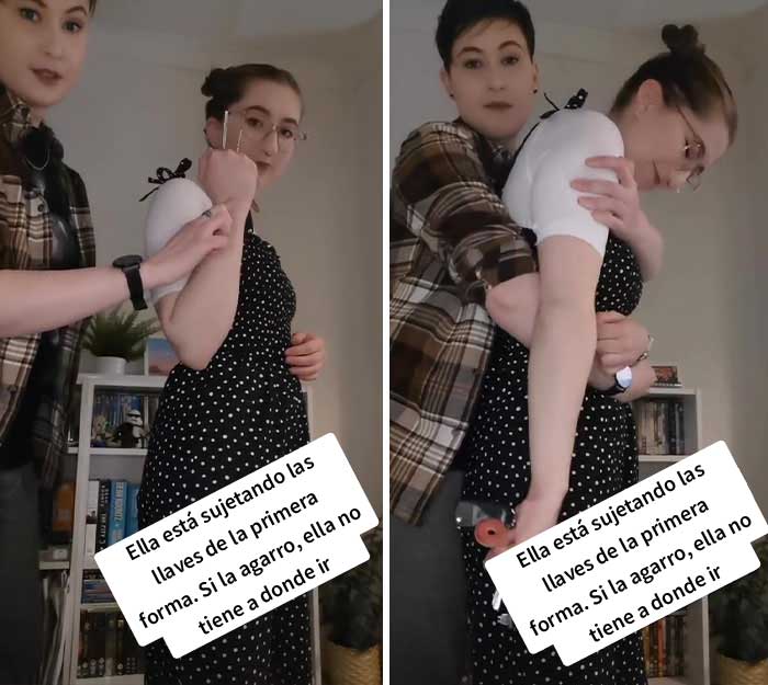 Esta mujer muestra la forma correcta de sostener las llaves para defenderse