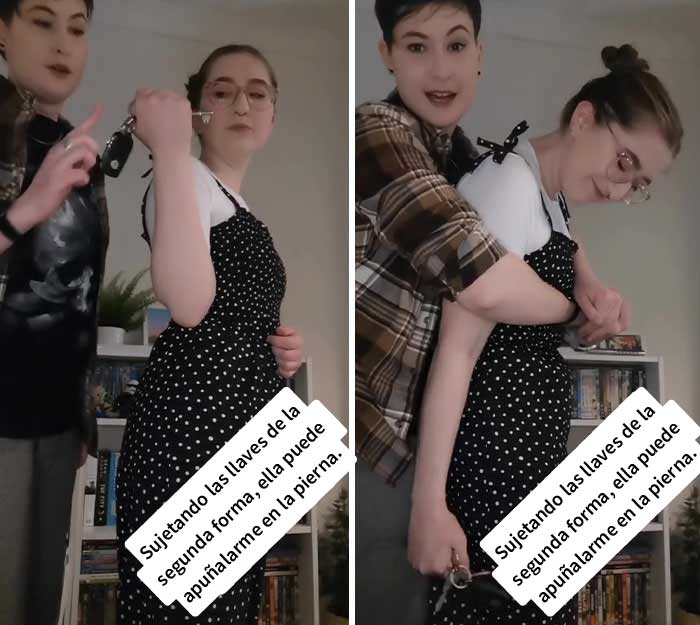 Esta mujer muestra la forma correcta de sostener las llaves para defenderse