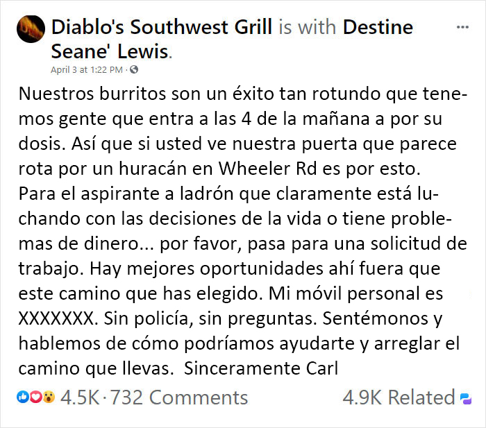 'Sin policía': El propietario de un restaurante publica una oferta de trabajo para la persona que robó en su local