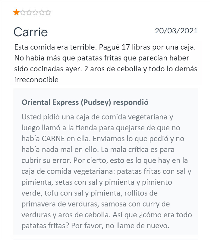 Este restaurante chino de comida para llevar se vuelve viral por sus respuestas salvajes a las malas críticas de los clientes