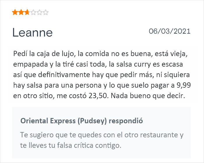 Este restaurante chino de comida para llevar se vuelve viral por sus respuestas salvajes a las malas críticas de los clientes