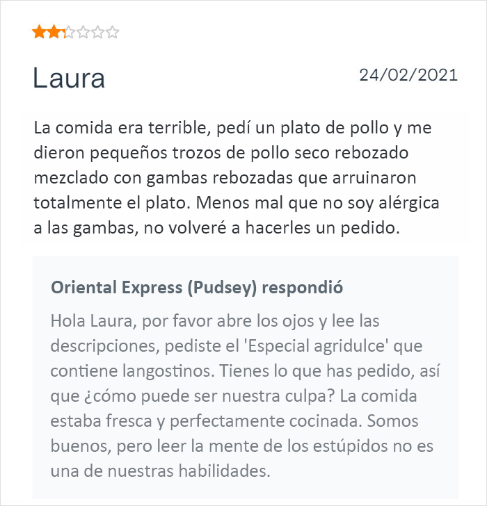 Este restaurante chino de comida para llevar se vuelve viral por sus respuestas salvajes a las malas críticas de los clientes