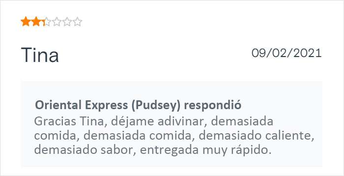 Este restaurante chino de comida para llevar se vuelve viral por sus respuestas salvajes a las malas críticas de los clientes