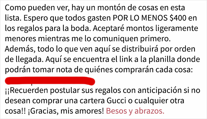 Esta novia pidió a sus invitados regalos de $400 y es criticada en internet