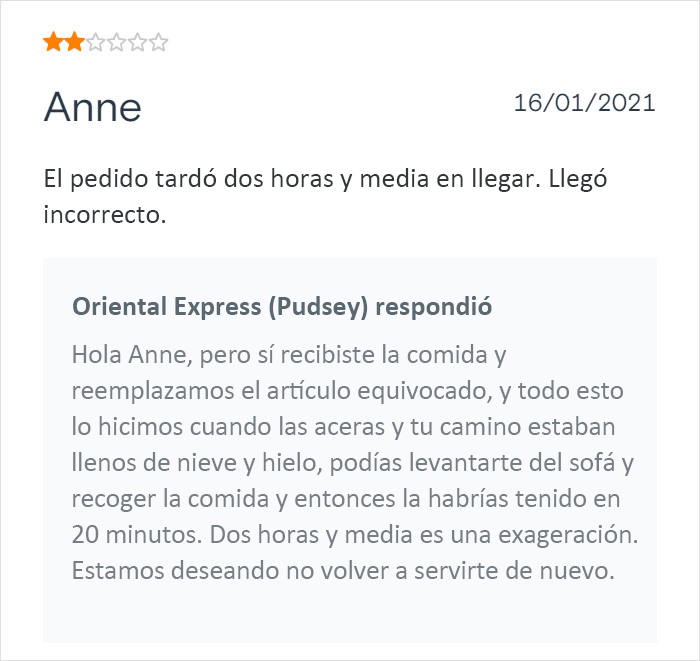 Este restaurante chino de comida para llevar se vuelve viral por sus respuestas salvajes a las malas críticas de los clientes
