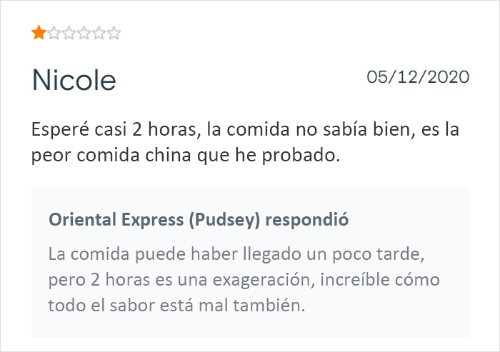 Este restaurante chino de comida para llevar se vuelve viral por sus respuestas salvajes a las malas críticas de los clientes