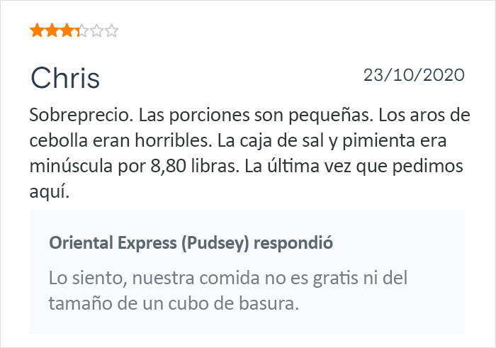 Este restaurante chino de comida para llevar se vuelve viral por sus respuestas salvajes a las malas críticas de los clientes