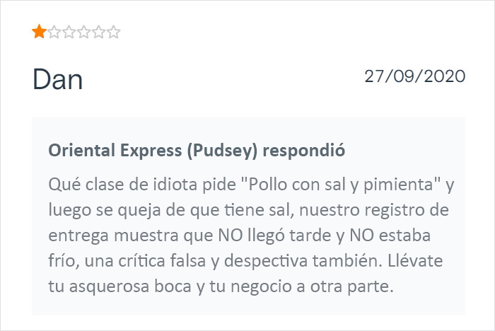 Este restaurante chino de comida para llevar se vuelve viral por sus respuestas salvajes a las malas críticas de los clientes