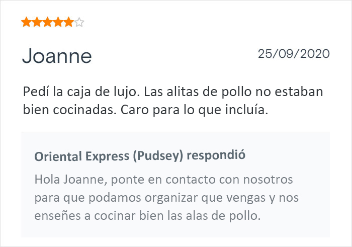 Este restaurante chino de comida para llevar se vuelve viral por sus respuestas salvajes a las malas críticas de los clientes