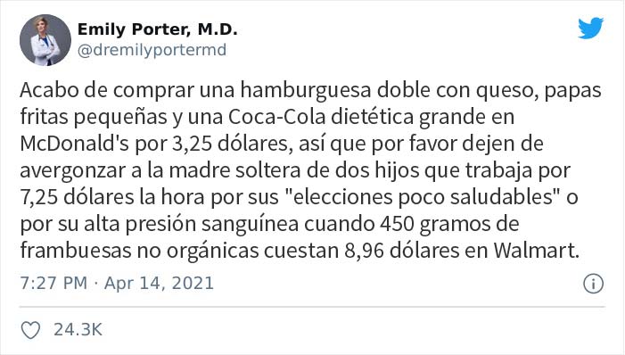 Un tuit en el que se dice que la comida poco saludable es más barata desató esta discusión en los comentarios