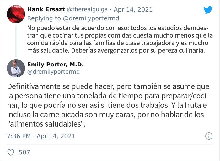 Un tuit en el que se dice que la comida poco saludable es más barata desató esta discusión en los comentarios