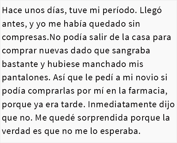 Este novio se negó a comprar compresas a su novia y se enfada cuando ella le hace notar su frágil masculinidad