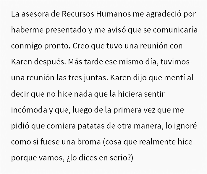Drama en la oficina: Esta trabajadora fue reportada por una compañera que la acusó de comer "patatas sexis"
