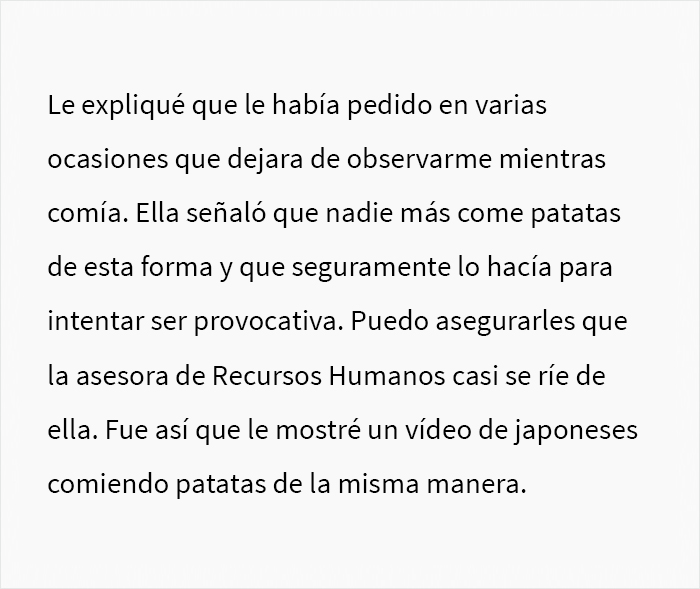 Drama en la oficina: Esta trabajadora fue reportada por una compañera que la acusó de comer "patatas sexis"