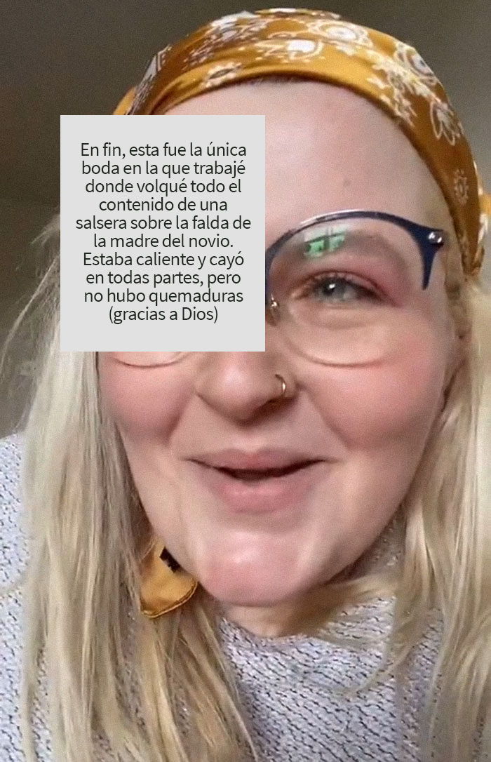 Esta camarera recibió propina de una novia en su boda, tras arruinar el vestido blanco de la madre del novio por accidente