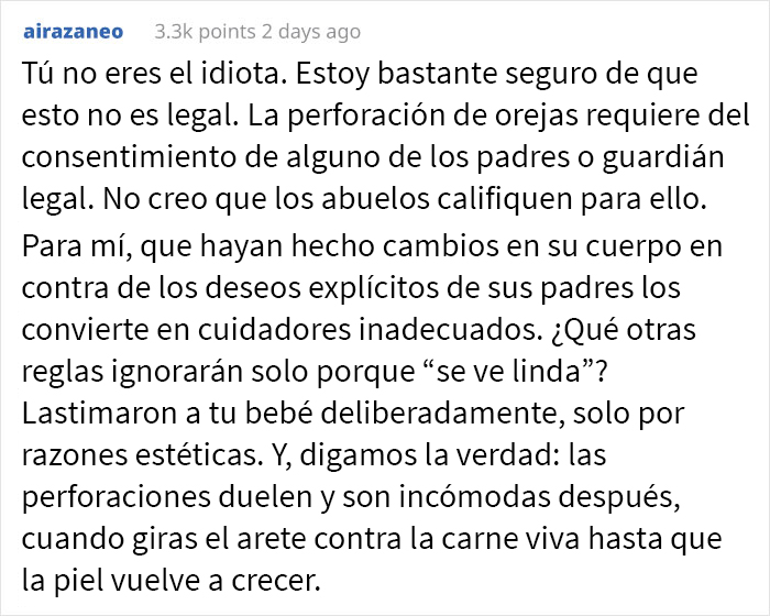 Estos abuelos perforaron las orejas de su nieta bebé a espaldas de los padres, y luego se enojaron porque no les permiten cuidarla más