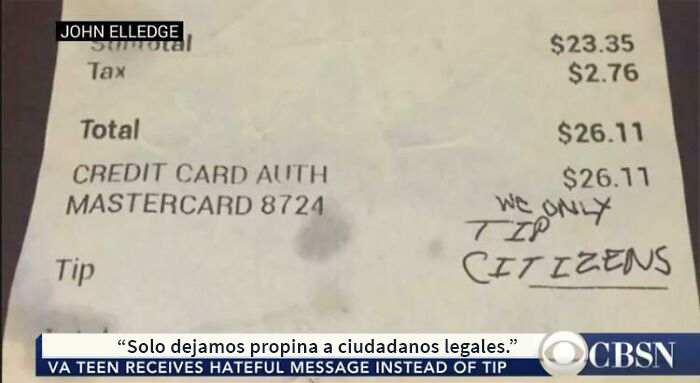Una camarera latina recibió este mensaje racista en lugar de la propina