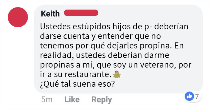 He visto esto en una publicación de Facebook sobre por qué la gente debería dejar a los camareros al menos un 20% de propina