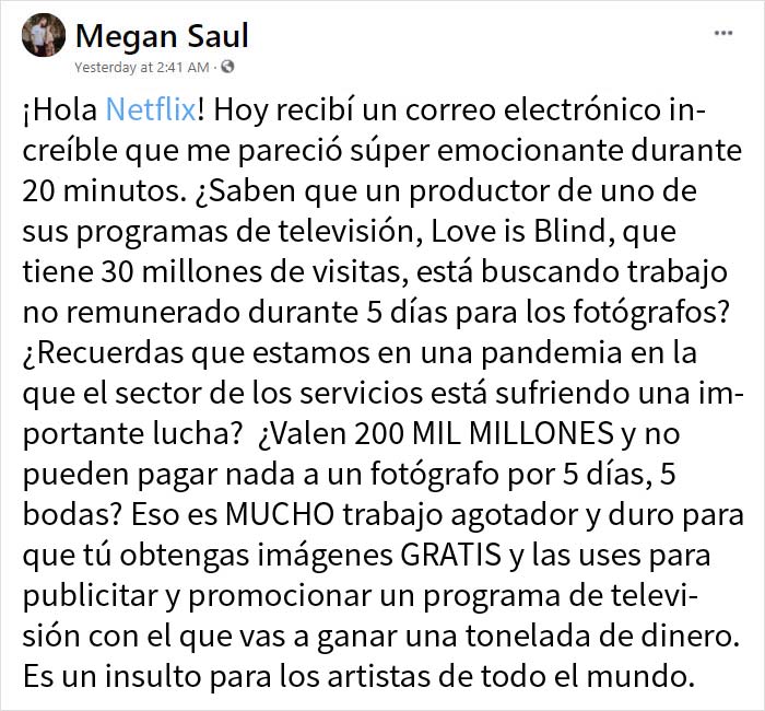 Esta fotógrafa compartió capturas de pantalla de la productora de "El amor es ciego" de Netflix que le ofreció trabajo no remunerado en 5 bodas