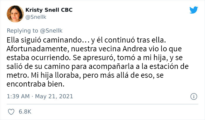 Esta madre cuenta cómo su vecina rescató a su hija de 13 años cuando un extraño la perseguía