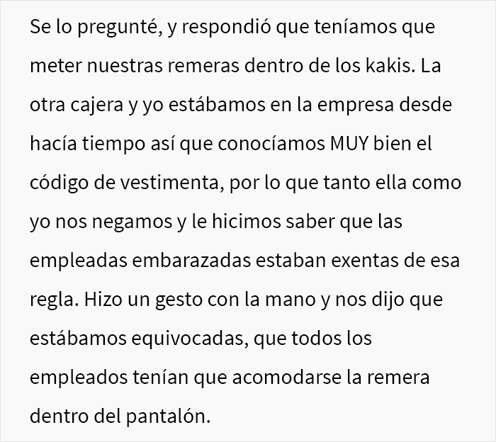 Se exigió a esta mujer embarazada de 8 meses que cumpliera con el código de vestimenta del trabajo, y consiguió que los clientes presentaran quejas al respecto