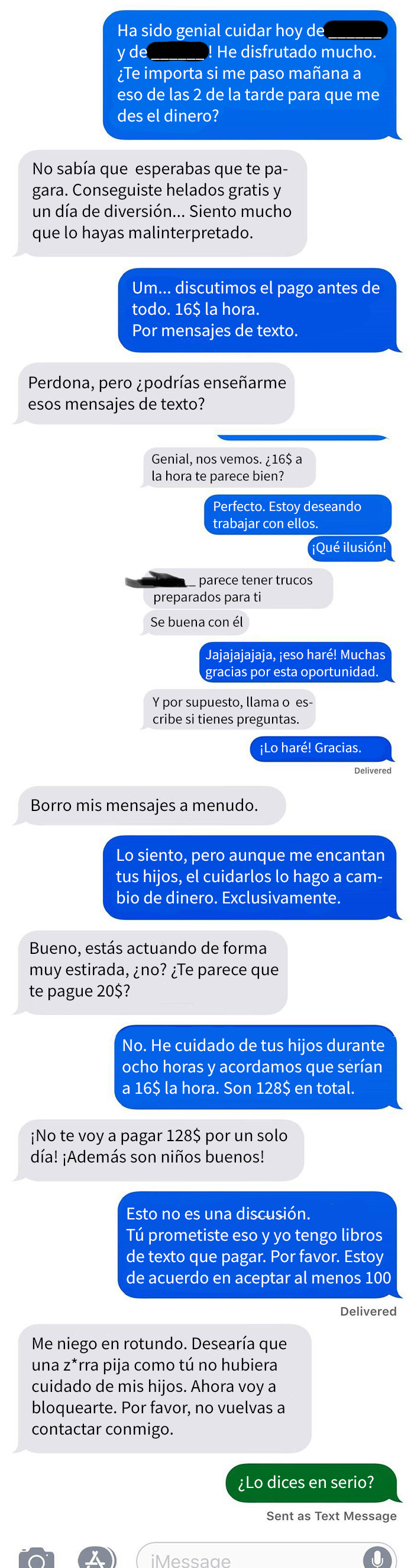 Una madre se niega a pagar a la niñera porque "le dan helado gratis y un día de diversión", así que le muestra los mensajes "borrados